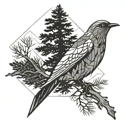 bird flying near cedar tree silhouette tattoo design idea