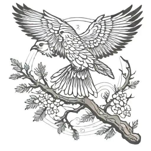 bird flying near cedar tree  tattoo design idea