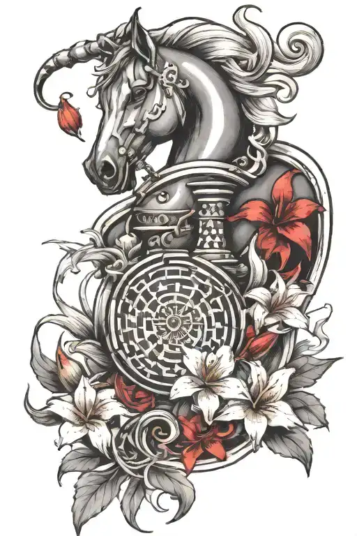 create Japanese art form tattoo for biceps which includes chess knight coin and red lily with the flow inspired by tra tattoo design idea