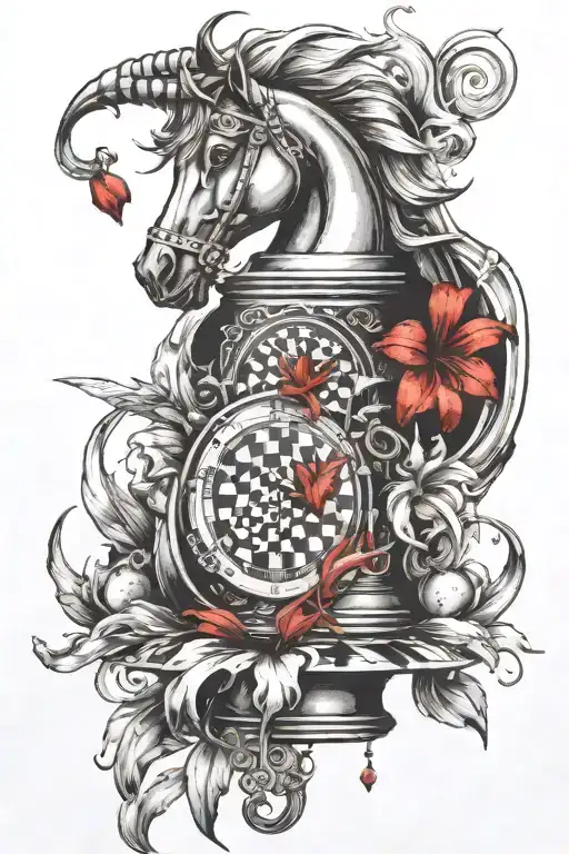 create tattoo for biceps which includes chess knight coin and red lily with the flow for full arm tattoo design idea