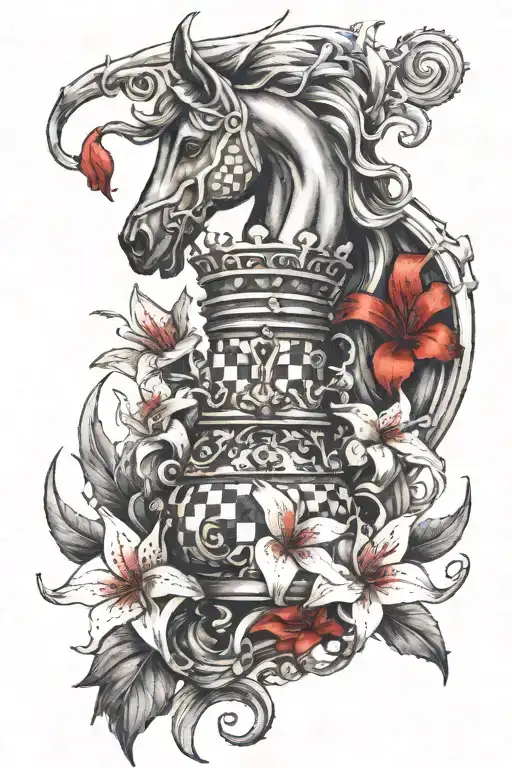 create Japanese art form tattoo for biceps which includes chess knight coin and red lily with the flow inspired by tra tattoo design idea
