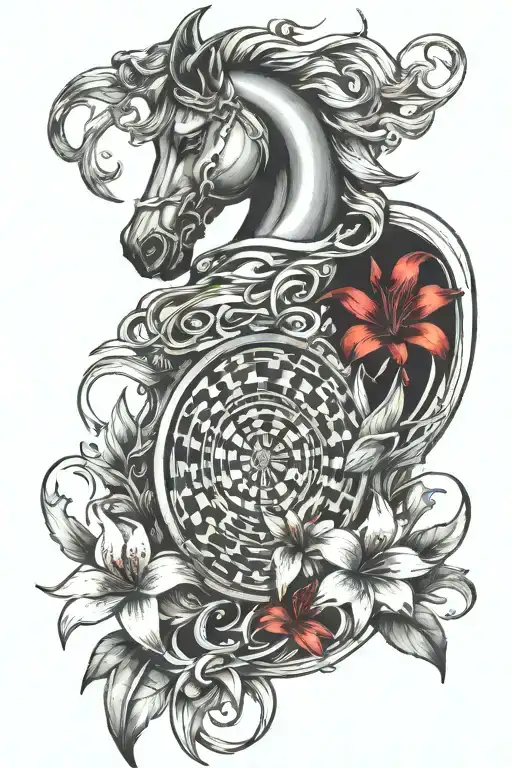 create tattoo for biceps which includes chess knight coin and red lily with the flow for full arm tattoo design idea
