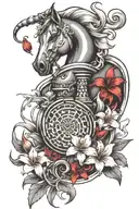 create Japanese art form tattoo for biceps which includes chess knight coin and red lily with the flow inspired by tra tattoo design idea
