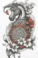create Japanese art form tattoo for biceps which includes chess knight coin and red lily with the flow inspired by tra tattoo design idea