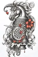 create tattoo for biceps which includes chess knight coin and red lily with the flow for full arm tattoo design idea