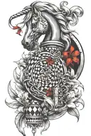 create tattoo for biceps which includes chess knight coin and red lily with the flow for full arm tattoo design idea