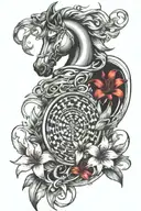 create tattoo for biceps which includes chess knight coin and red lily with the flow for full arm tattoo design idea
