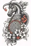 create tattoo for biceps which includes chess knight coin and red lily with the flow for full arm tattoo design idea