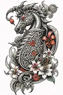 create Japanese art form tattoo for biceps which includes chess knight coin and red lily with the flow inspired by tra tattoo design idea