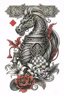create Japanese art form tattoo for biceps which includes chess knight coin and red lily with the flow inspired by tra tattoo design idea