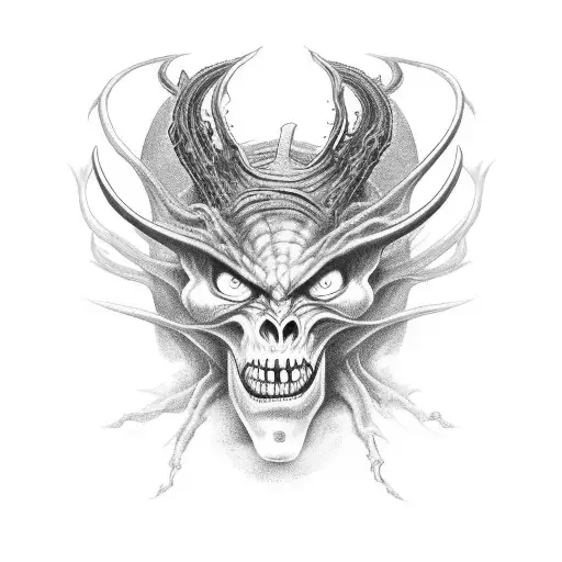 I envision a black, long-necked demon from hell with a sinister smile, large eyes, and a crown. tattoo design idea
