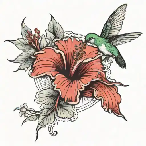 humming bird feeding on a hibiscus flower surrounded with some nice nature background. make it small, beautiful tattoo design idea