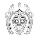 Incorporate a tribal mask with an intricate geometric pattern representing the Armenian symbol for eternity. tattoo design idea