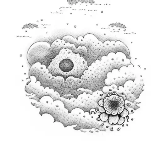 A dotwork tattoo of a serene landscape with blooming flowers and fluffy clouds, symbolizing the eternal bond with your late mother. tattoo design idea