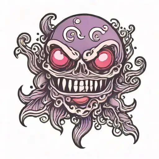 purple jelly bean with face and arms tattoo design idea
