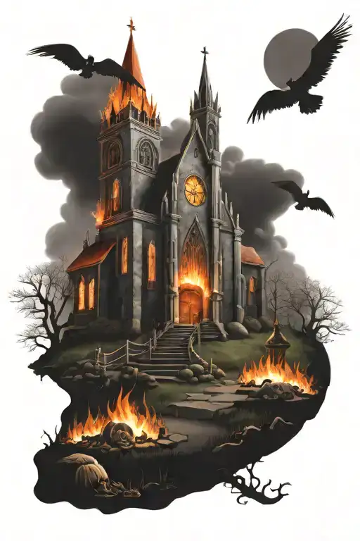 burning church and a haunted graveyard scene tattoo design idea