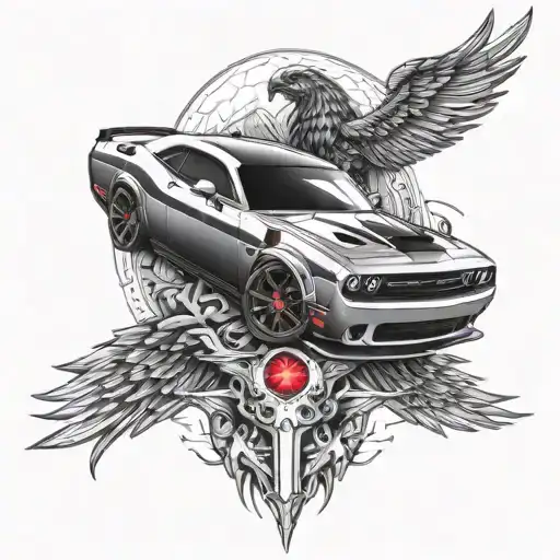 Incorporate a sleek Dodge Challenger Demon with red eyes into a driver-themed tattoo design tattoo design idea