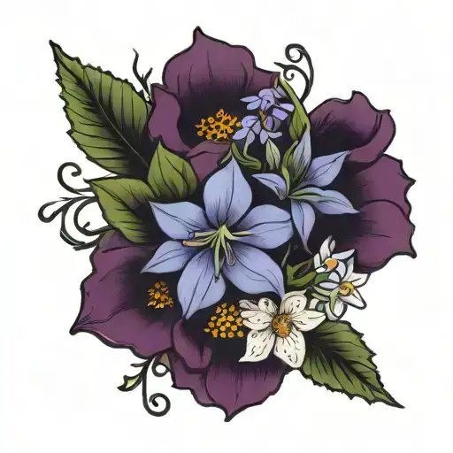fine line violet and larkspur bouqet tattoo design idea