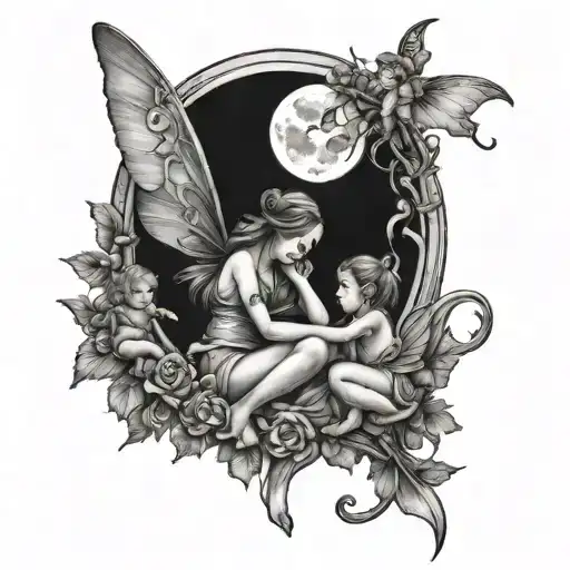 fairy with 3 kids in a moon tattoo design idea