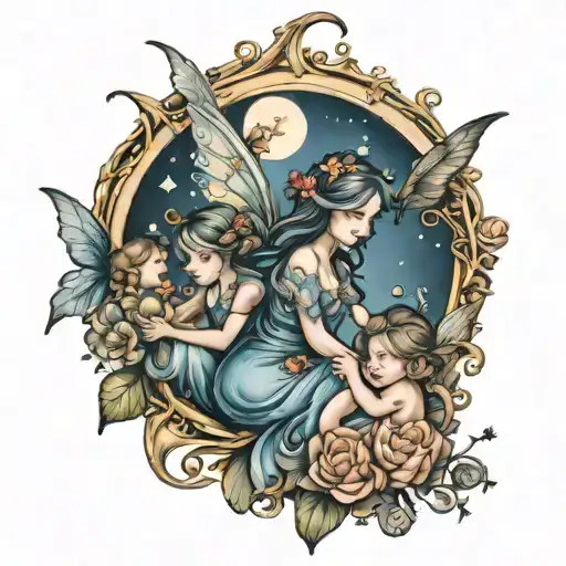fairy with 3 kids in moon tattoo design idea