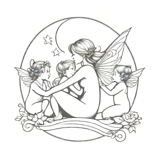 fairy with 3 kids in a moon tattoo design idea