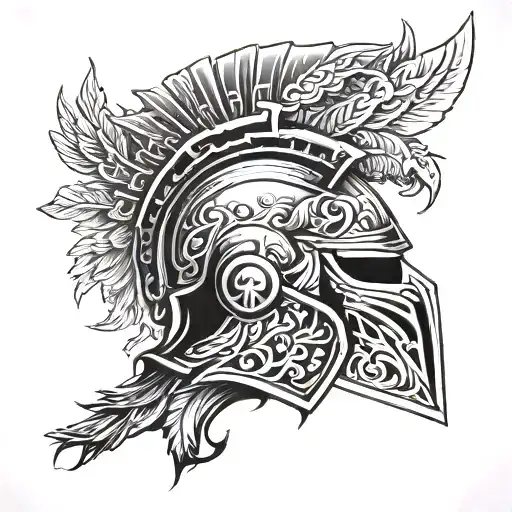 A modern Spartan helmet design incorporating elements of Greek mythology, such as a phoenix rising from the ashes tattoo design idea