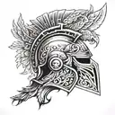 A modern Spartan helmet design incorporating elements of Greek mythology, such as a phoenix rising from the ashes tattoo design idea