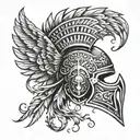 A modern Spartan helmet design incorporating elements of Greek mythology, such as a phoenix rising from the ashes tattoo design idea