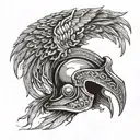 A modern Spartan helmet design incorporating elements of Greek mythology, such as a phoenix rising from the ashes tattoo design idea