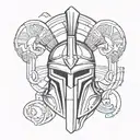 Create a tattoo design featuring a Spartan Helmet surrounded by symbols of Greek mythology tattoo design idea