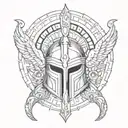 Create a tattoo design featuring a Spartan Helmet surrounded by symbols of Greek mythology tattoo design idea