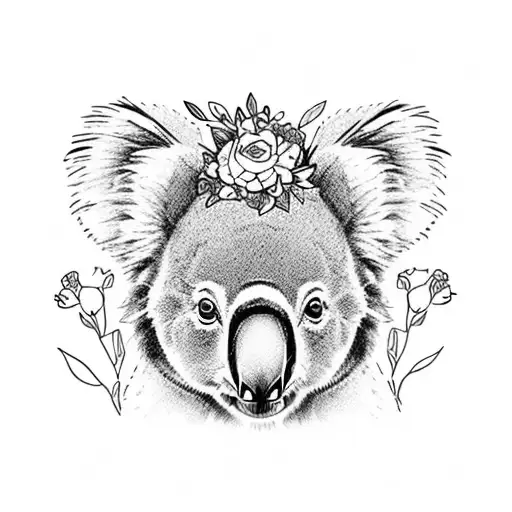 A whimsical illustration of a koala wearing a floral crown and carrying a hiking backpack, combining the client's love for floral designs and hiking trips tattoo design idea