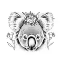 A whimsical illustration of a koala wearing a floral crown and carrying a hiking backpack, combining the client's love for floral designs and hiking trips tattoo design idea