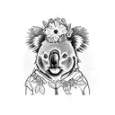 A whimsical illustration of a koala wearing a floral crown and carrying a hiking backpack, combining the client's love for floral designs and hiking trips tattoo design idea