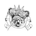 A whimsical illustration of a koala wearing a floral crown and carrying a hiking backpack, combining the client's love for floral designs and hiking trips tattoo design idea