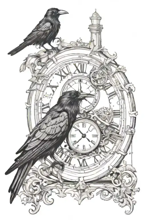 Steampunk broken clock raven crow compass sleave  tattoo design idea