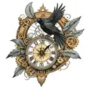 Steampunk broken clock raven crow compass surrounded tattoo design idea