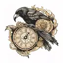 Steampunk broken clock raven crow compass surrounded tattoo design idea