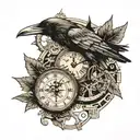 Steampunk broken clock raven crow compass surrounded tattoo design idea