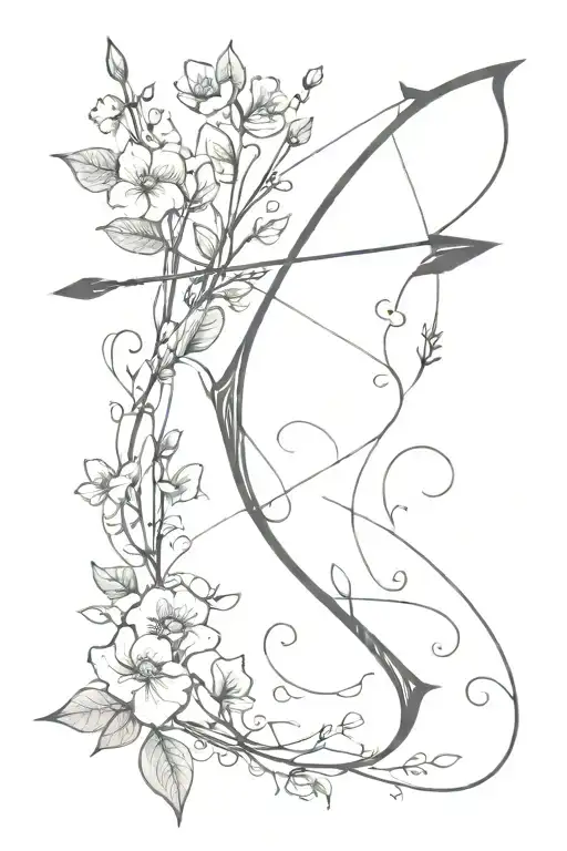 bow and arrow with vines and flowers groing around it  tattoo design idea
