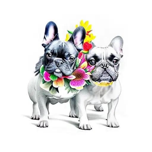 french bulldog and yorkshire terrier with flowers tattoo design idea