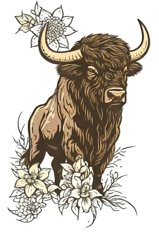 bison with daffodil bud bursting fireworks and delicate tattoo design idea