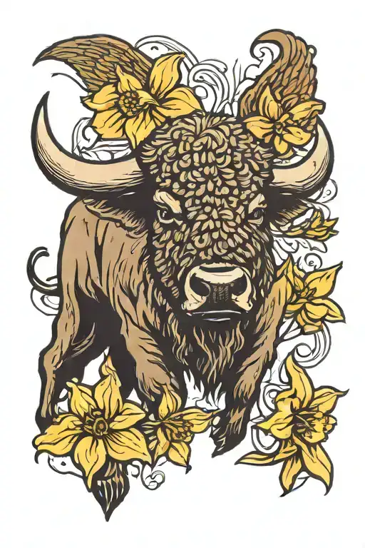 bison and daffodil bud bursting open wings holding tattoo design idea