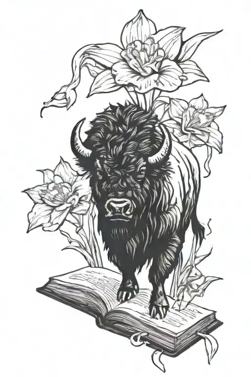 bison silhouette with daffodil bud bursting open book tattoo design idea