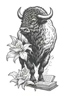 bison silhouette with daffodil bud bursting open book tattoo design idea