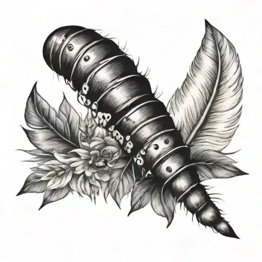 caterpillar and white feather tattoo design idea