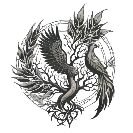 tree of life and phoenix rising from the ashes tattoo design idea