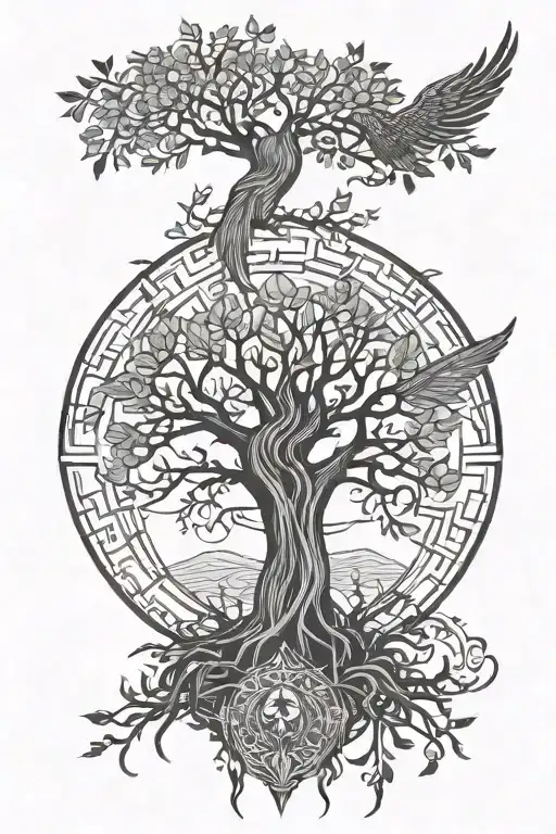 tree of life and phoenix rising from the ashes tattoo design idea