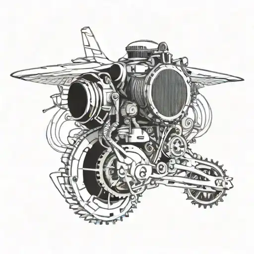 A biomechanical tattoo of a motorcycle engine with wires and gears morphing into wings of an airplane tattoo design idea