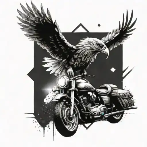 Design a tattoo of a cybernetic eagle soaring above a motorcycle, symbolizing freedom and speed in both the digital and physical realms tattoo design idea